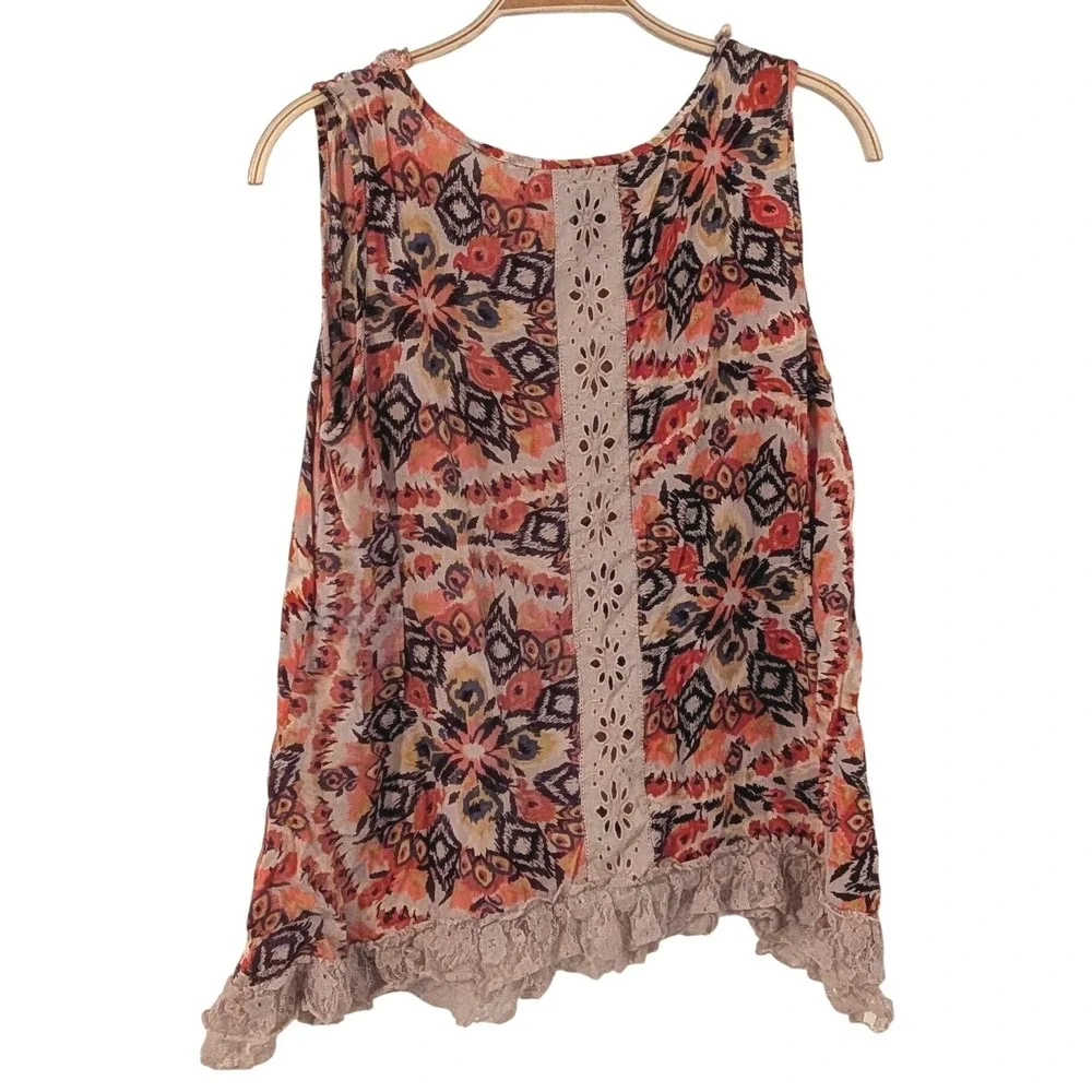 Angie Womens Boho Ikat Floral Button Front Lace Trim Sleeveless‎ Rayon Top Large